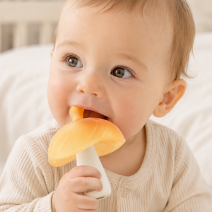 SILIVEX Mushroom Silicone Baby Teether with Curved Head for Nighttime Use
